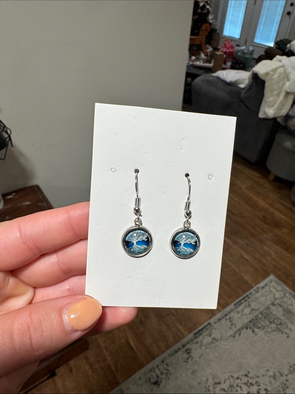 Blue Tree Earrings - Silver Tone